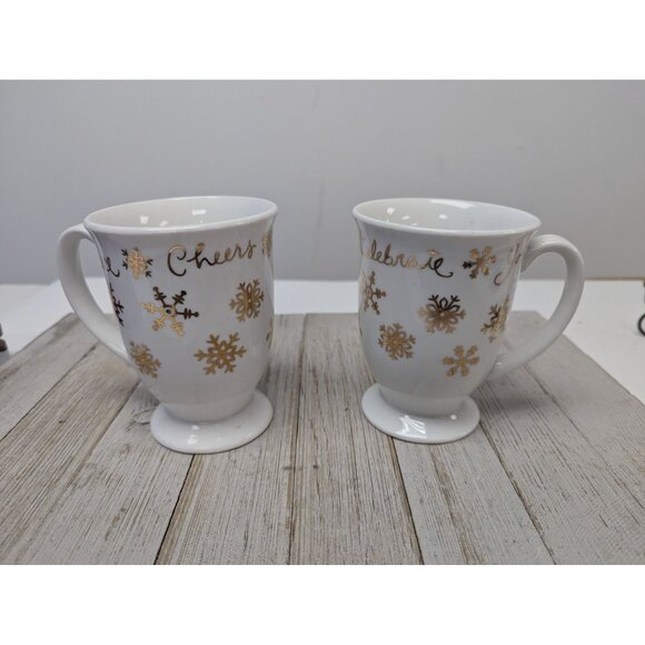 Footed Coffee Mugs Cups Set 2 Gibson Celebration Gold Snowflakes Holiday - Picture 1 of 7
